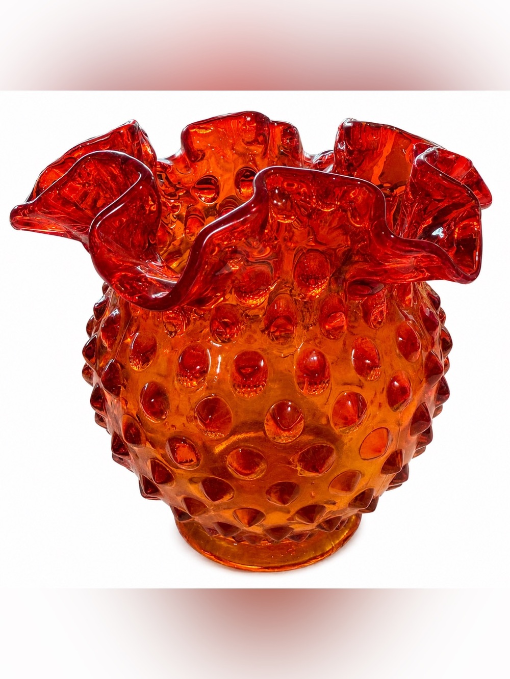 Signed Fenton Amberina Hobnail Ruffled Vase 4.5” Red Orange Art Glass Vintage